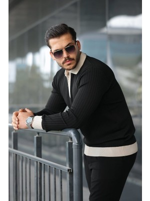 Pileli Store Erkek Kol ve Yaka Detaylı Uzun Kollu Triko