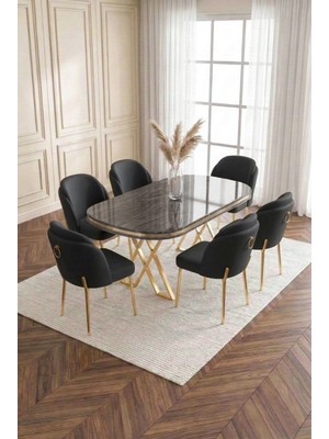 Deren Home Asil Gold Serisi 90X168 Mdf Lak Panel Masa Metal Ayak Yemek Mutfak Takımı+6 Adet Sandalye