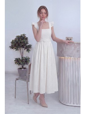 The ZKS Thezks-Kadın Kemerli Midi Boy Elbise Beyaz, Pembe, Siyah