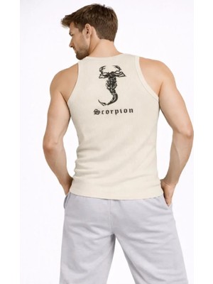 Pileli Store Erkek Fitilli Atlet Sıfır Yaka Slim Fit Arka Baskılı Spor Atlet - Krem