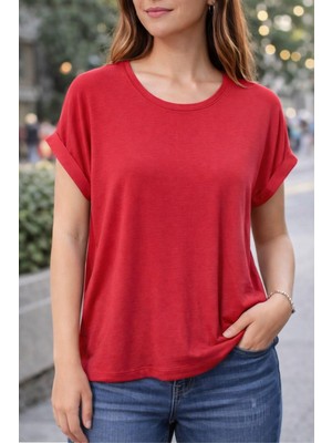 Only 15106662 Acık Yaka Kol Katlamalı Kısa Kol Tshırt