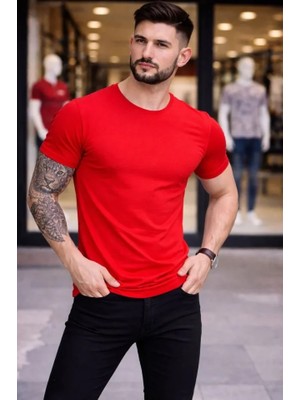 Pileli Store Erkek T-Shirt Bisiklet Yaka Slim Fit Dar Kesim Likralı Tişört Günlük Basic Body - Kırmızı