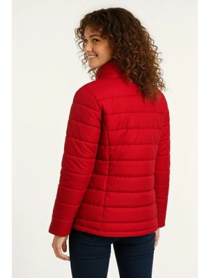 Pileli Store Mikro Su Itici Kapitone Baskılı Astarlı Fermuarlı Bomber Mont - Kırmızı