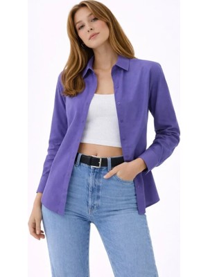 Pileli Store Uzun Kollu Gömlek Düğmeli Klasik Yaka Günlük ve Ofis Şıklığına Uygun - Mor