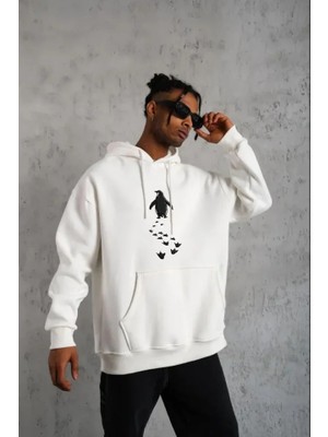 Pileli Store Erkek Nihilist Penguen Temalı Oversize Kapüşonlu Sweatshirt - Beyaz