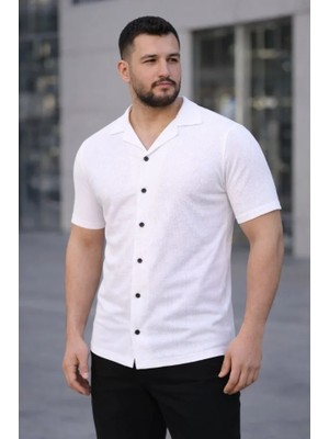 Pileli Store Erkek Waffle Kumaş Kısa Kollu Düğmeli Açık Yaka Regular Fit Gömlek - Beyaz