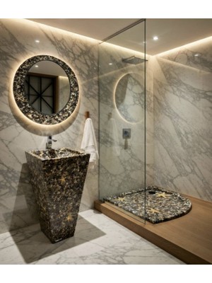 Bien - Çakıltaşlı Epoksi Monoblok Lavabo+Ayna+Duş Teknesi Outlet - TLYNN-802393-