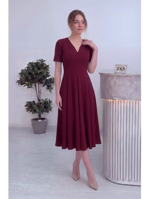 The ZKS Thezks-Kadın V Yaka Pileli Midi Elbise Bordo, Kahverengi, Siyah, Mürdüm