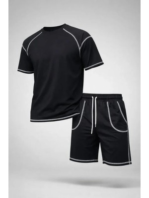 Pileli Store Erkek Spor Tişört Şort Takım Kontrast Dikiş Detaylı Ovarsize Rahat Kalıp - Siyah