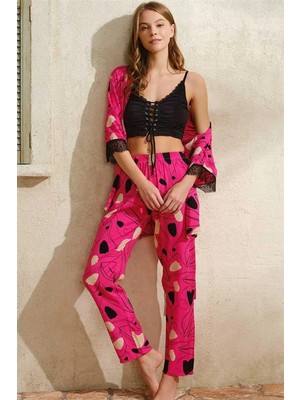 Byb Moda Tasarım Giyim Ip Askılı V Yaka Çiçek Desenli Yazlık Uzun Ip Detaylı Pijama Altı Sabahlık Takımı