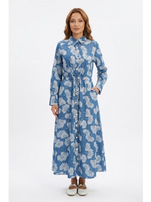 Lale Butik Desenli Düğme Detay Elbise 13296 Mavi