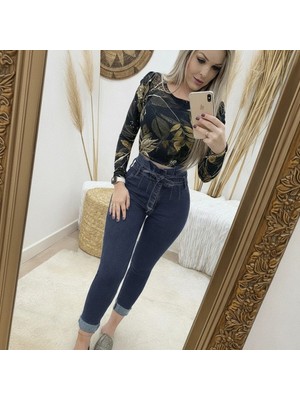 Pileli Store Kadın Yüksek Bel Düğmeli Yırtık Kot Pantolon