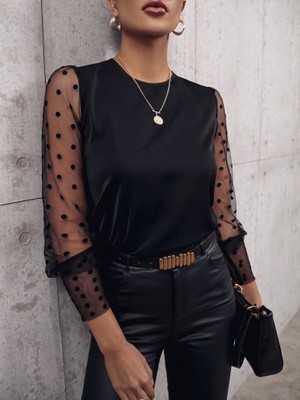 Pileli Store Kadın Uzun Kollu Bisiklet Yaka Kollar Puantiyeli Tül Detaylı Sandy Bluz