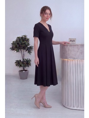 The ZKS Thezks-Kadın V Yaka Pileli Midi Elbise Bordo, Kahverengi, Siyah, Mürdüm