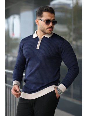 Pileli Store Erkek Kol ve Yaka Detaylı Uzun Kollu Triko