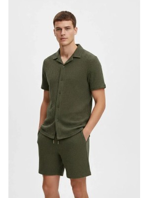Pileli Store Erkek Waffle Kumaş Kısa Kollu Gömlek Şort Takım Regular Fit Yazlık Ikili Set - Haki