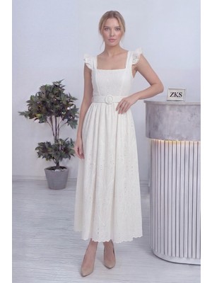 Thezkscom-Kadın Kemerli Midi Boy Elbise Beyaz, Pembe, Siyah