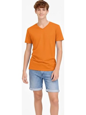 Pileli Store Genç Erkek Çocuk V Yaka Tişört Yazlık Model Günlük Basic Body - Turuncu