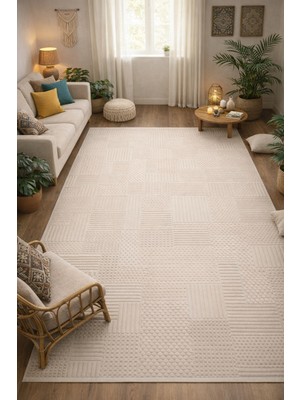 Çerkez Halı Ciao Collection Modern Çizgili Kolay Temizlenebilir Minimal  Salon (Çok Amaçlı) Halı Bej-B