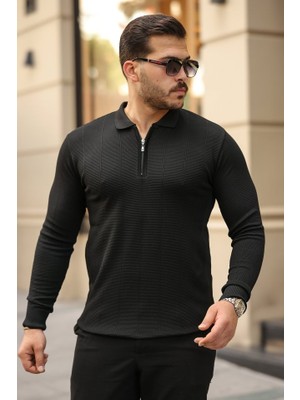 Pileli Store Erkek Pirinç Desenli Uzun Kollu Yakalı Triko