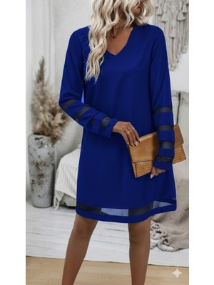 Pileli Store Kadın Uzun Kollu V Yakalı Tül Şerit Detaylı Mini Krep Elbise