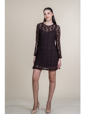 MissVina Tül Dantel Detaylı Uzun Kollu Mini Elbise 50380