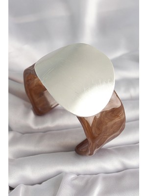 Kahverengi Mermer Desen Akrilik Plastik Gümüş Plaka Model Vintage Kadın Bilezik