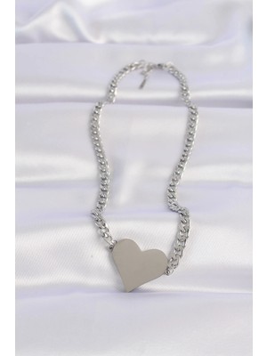 Çelik Zincir Gümüş Renk Düz Plaka Kalp Kolye