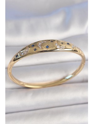 Pirinç Gold Renk Zirkon Taşlı Hilal Işleme Mavi Taşlı Yıldız Detay Kadın Kelepçe