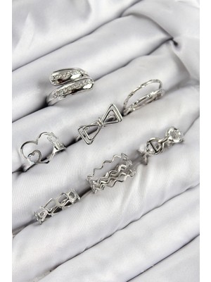 Pirinç Zirkon Taşlı Fiyonk ve Kalp Model Gümüş Renk Kadın Yüzük Kombin Set