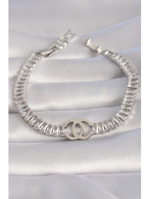 Pirinç Gümüş Renk Zirkon Taşlı Su Yolu Model Vip Seri Kadın Bileklik