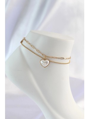 Çelik Gold Renk Beyaz Kalpli 2li Halhal