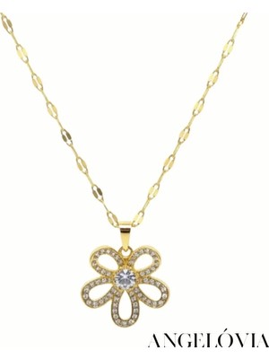 Angelovia Taşlı Çiçek Figürlü Çelik Kolye