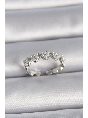 Pirinç Gümüş Renk Ayarlanabilir Incili Kalp Model Kadın Yüzük