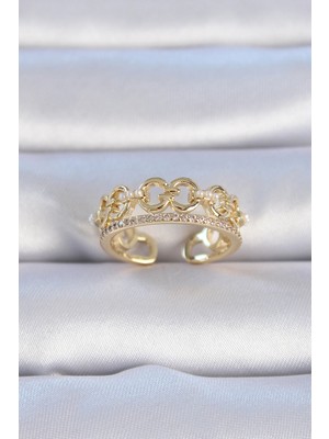 Pirinç Gold Renk Zirkon Taşlı Inci Detay Kadın Yüzük