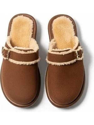 Ne&Ve Shoes Taba Süet Tokalı Içi Peluş Astarlı Kadın Sabo Terlik
