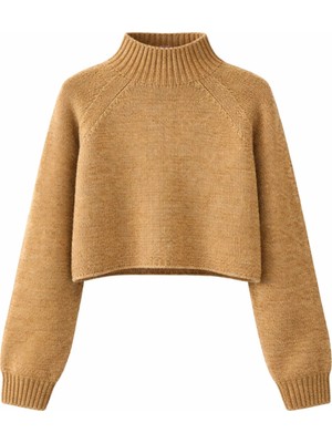 Mixray 6854 Kadın Dik Yaka Bütün Crop Triko Kazak Camel