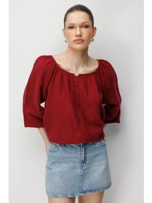 Mixray 4707 Kadın Yakası Büzgülü Kolu Lastikli Bol Müslin Bluz Bordo