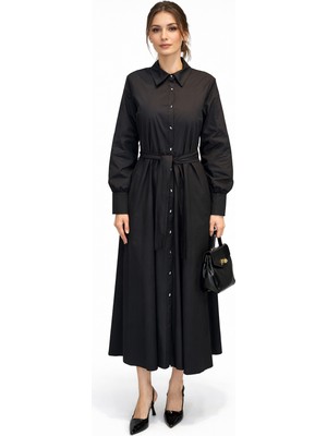 Lale Butik Düğme Detay Poplin Elbise 13233 Siyah