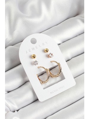 Pirinç Zirkon Taş ve Halka Figürlü Gold Renk 3'lü Çift Kadın Küpe Set