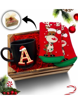 As Gift Mini Kasa Içerisinde Kişiye Özel Siyah Kupa & Yılbaşı Çorabı Hediye Seti