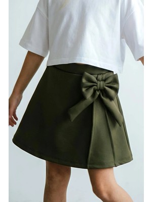 Breeze Kız Çocuk Etek Fiyonk Aksesuarlı Beli Lastikli 6-12 Yaş, Koyu Haki Yeşil