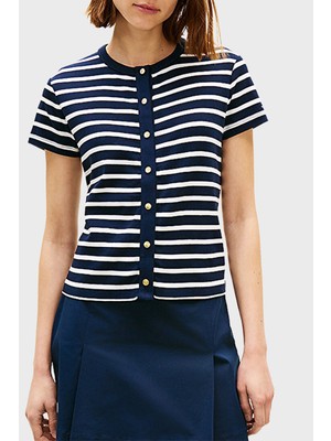 Tommy Hilfiger Logolu % 100 Pamuk Slim Fit Düğme Detaylı T Shirt Bayan T Shirt WW0WW48709 0x3