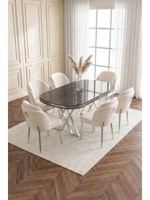 Deren Home Asil Gümüş Serisi 90X168 Mdf Lak Panel Masa Metal Ayak Yemek Mutfak Takımı +6 Adet Sandalye