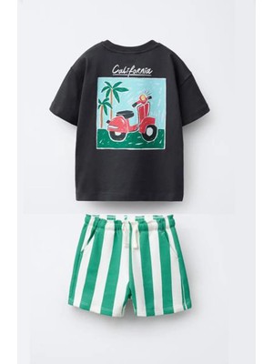 Monila Erkek Çocuk Pamuklu Baskılı T-Shirt ve Çizgili Şort Alt Üst Takım