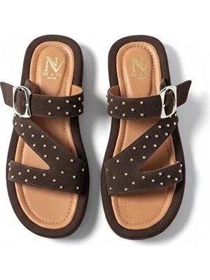 Kahve Süet Hakiki Deri Pimli Çapraz Bantlı Kadın Kalın Kaplama Tabanlı Terlik