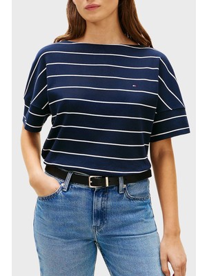 Tommy Hilfiger Çizgili Pamuklu Relaxed Fit Kayık Yaka T Shirt Bayan T Shirt WW0WW49723 0zc