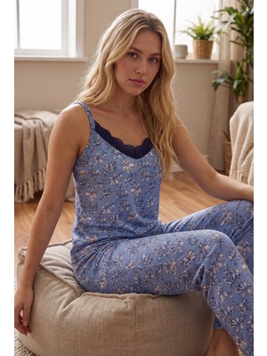 NBB Dantel Yaka Çiçek Desenli Pijama Takım 68392