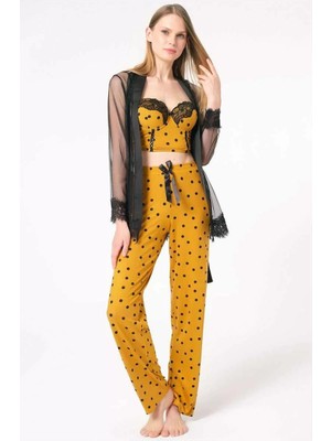 Tül Dantelli Sabahlık Balenli Destekli Dolgulu Puantiyeli Büstiyer Sütyen ve Pantolon Pijama 3'l