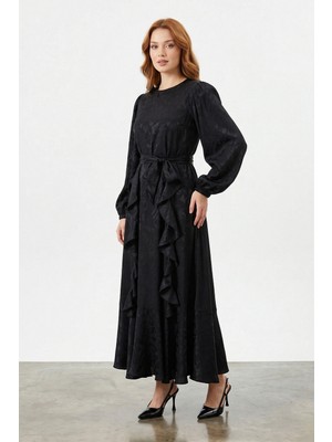 Lale Butik Desenli Jakar Detay Saten Elbise 13255 Siyah